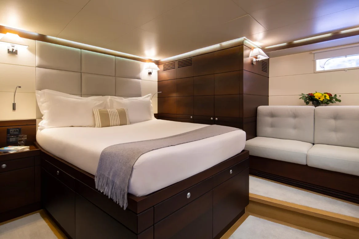 a bed in a room aboard RADIANCE Yacht for Charter