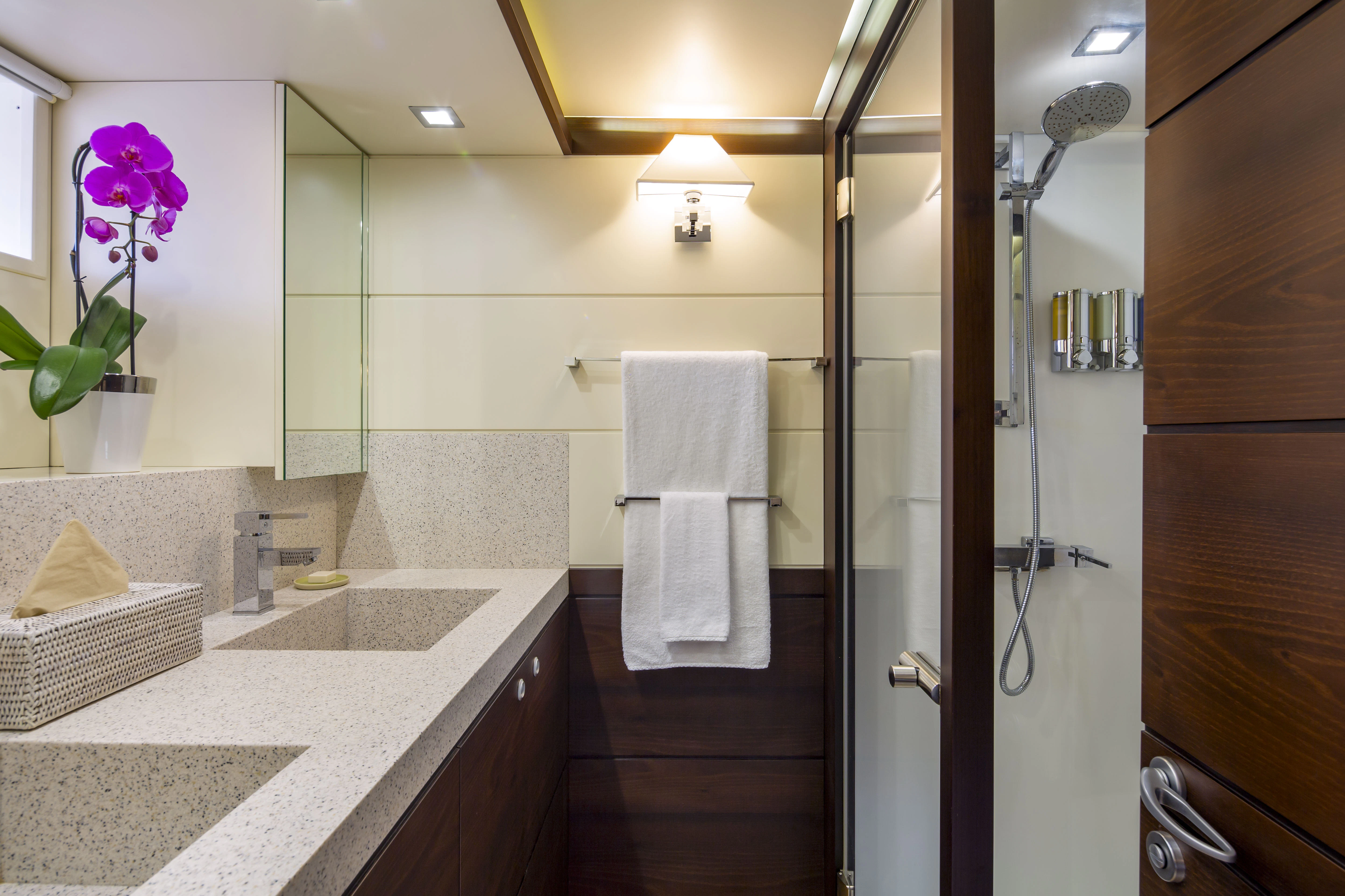 a bathroom with a shower and sink aboard RADIANCE Yacht for Charter