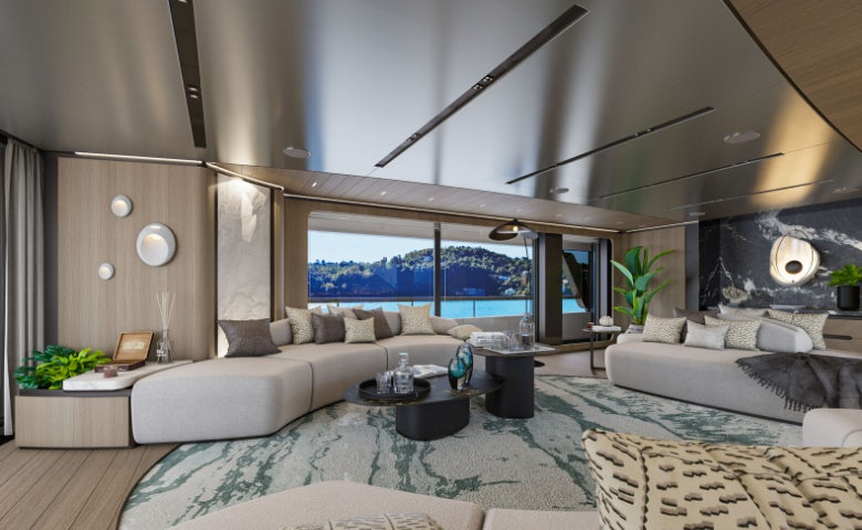 a living room with a large window aboard SIRENA 42M/01 Yacht for Sale