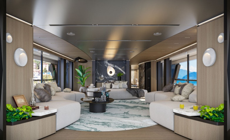 a living room with a large window aboard SIRENA 42M/01 Yacht for Sale