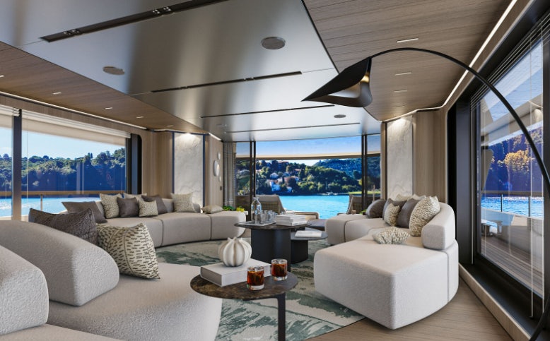a living room with a large window aboard SIRENA 42M/01 Yacht for Sale