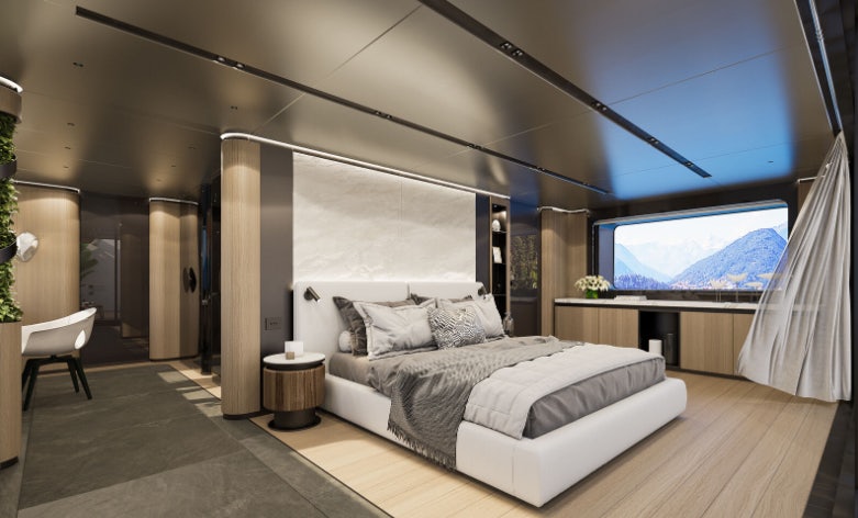 a large room with a large bed aboard SIRENA 42M/01 Yacht for Sale