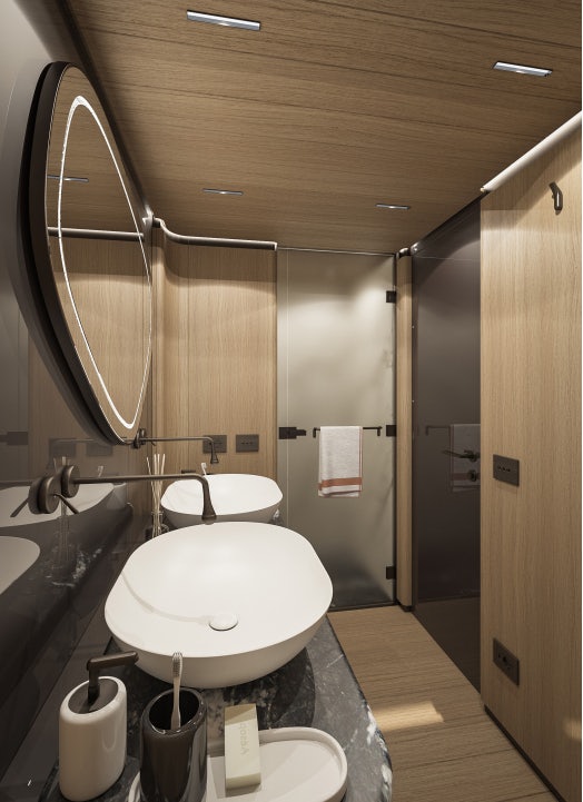 a bathroom with a large mirror aboard SIRENA 42M/01 Yacht for Sale
