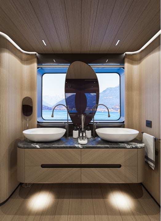 a bathroom with a large window aboard SIRENA 42M/01 Yacht for Sale