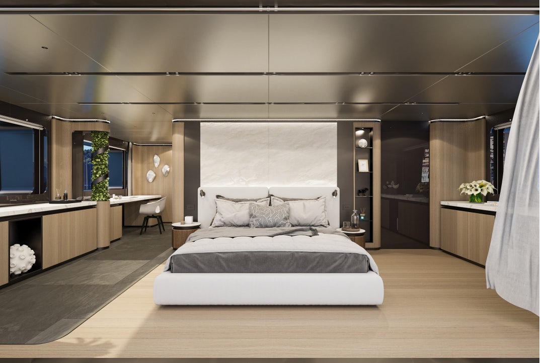 a large bedroom with a large bed aboard SIRENA 42M/01 Yacht for Sale