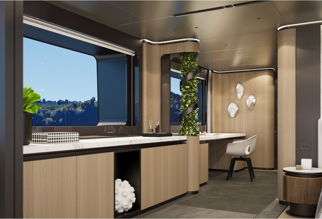 a modern kitchen with a large window aboard SIRENA 42M/01 Yacht for Sale