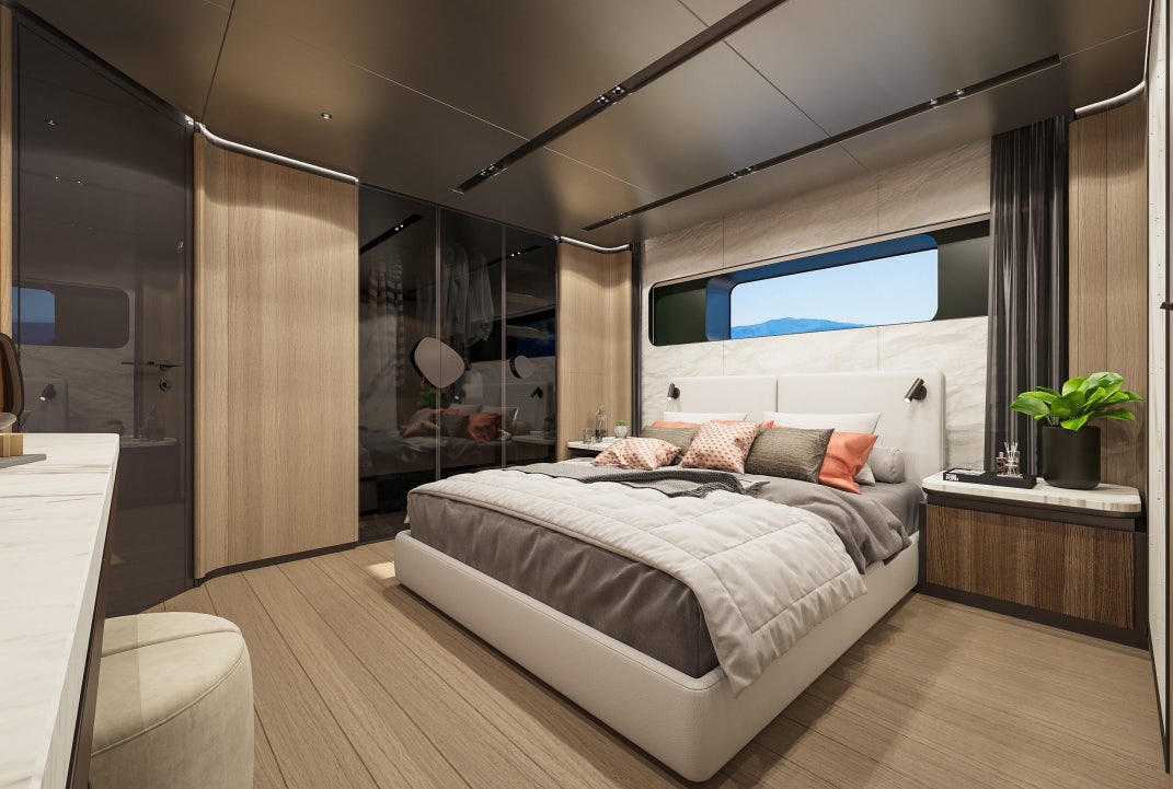 a large bedroom with a large bed aboard SIRENA 42M/01 Yacht for Sale