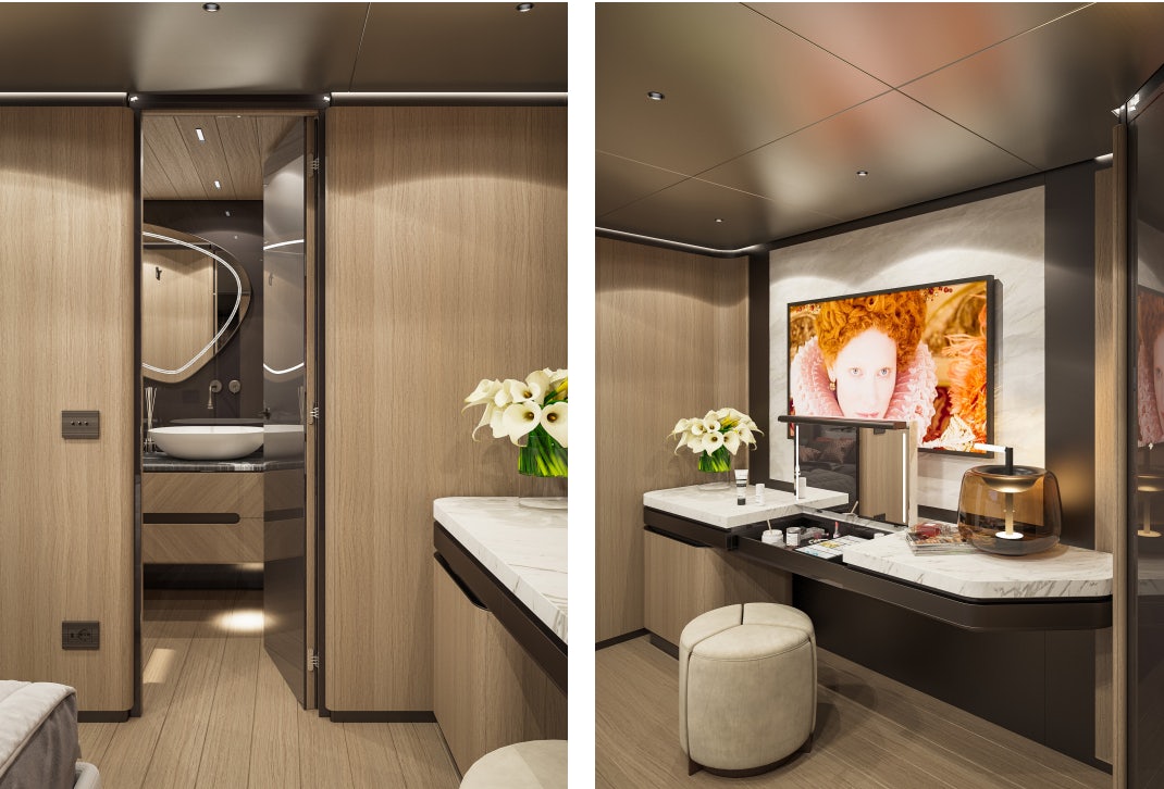 a modern bathroom with a large mirror aboard SIRENA 42M/01 Yacht for Sale