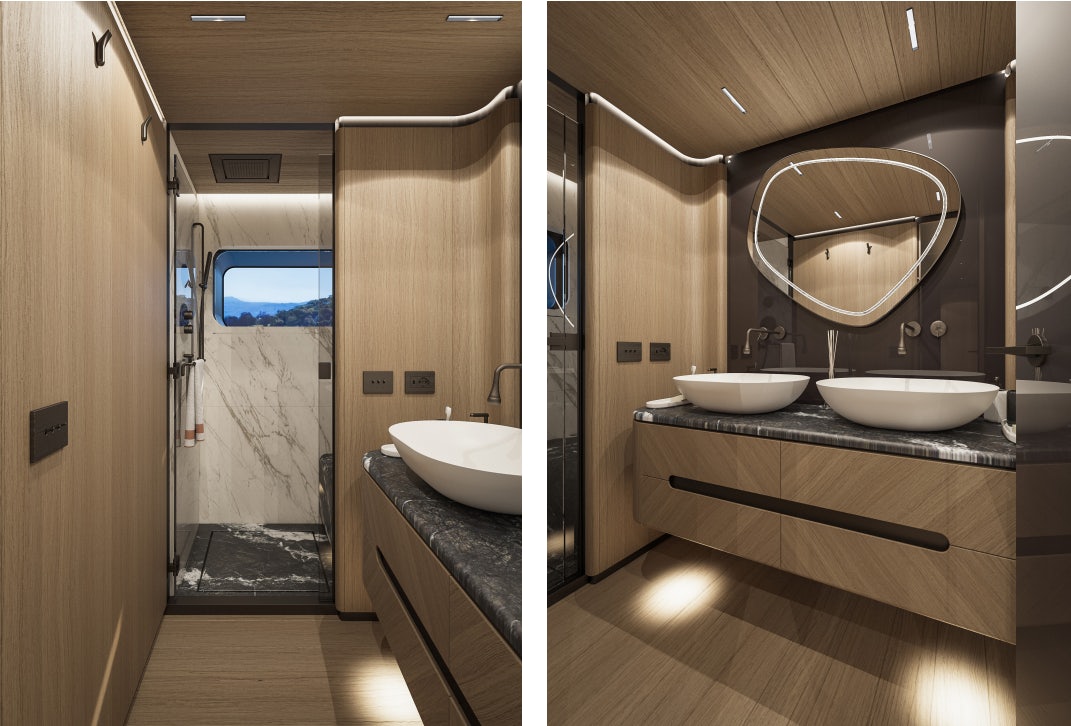 a bathroom with sinks and mirrors aboard SIRENA 42M/01 Yacht for Sale