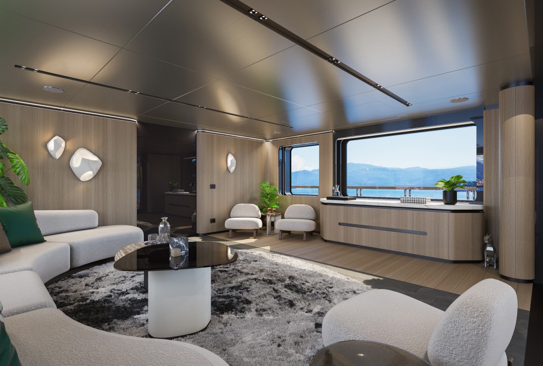a living room with a large window aboard SIRENA 42M/01 Yacht for Sale