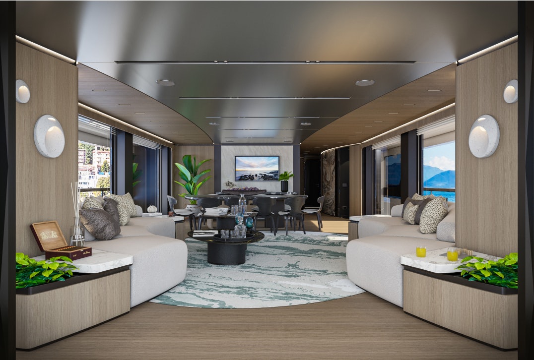 a living room with a large window aboard SIRENA 42M/01 Yacht for Sale