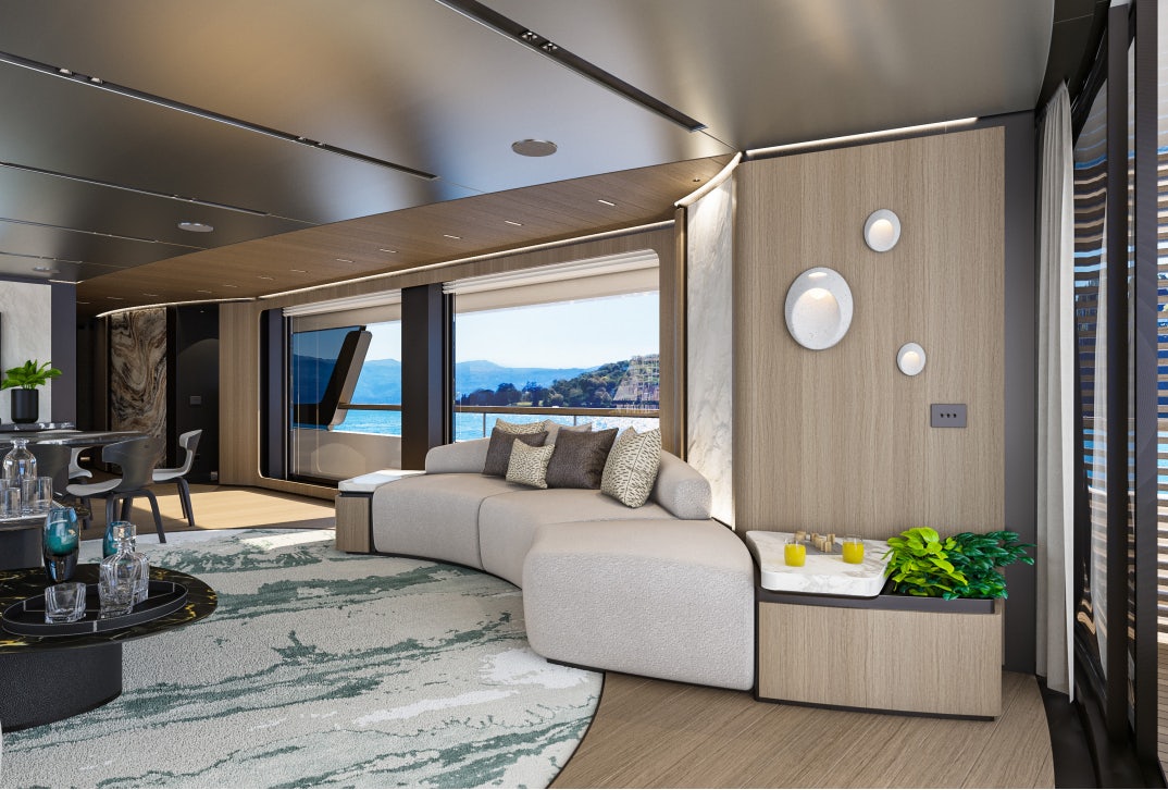 a living room with a large window aboard SIRENA 42M/01 Yacht for Sale