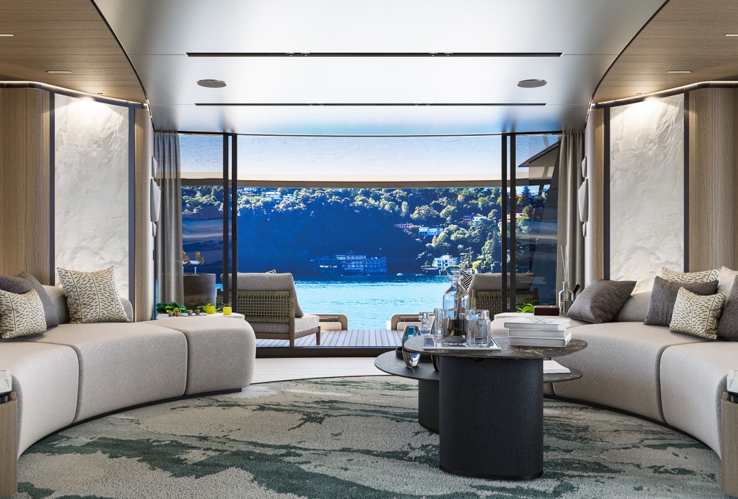 a room with a table and couches aboard SIRENA 42M/01 Yacht for Sale
