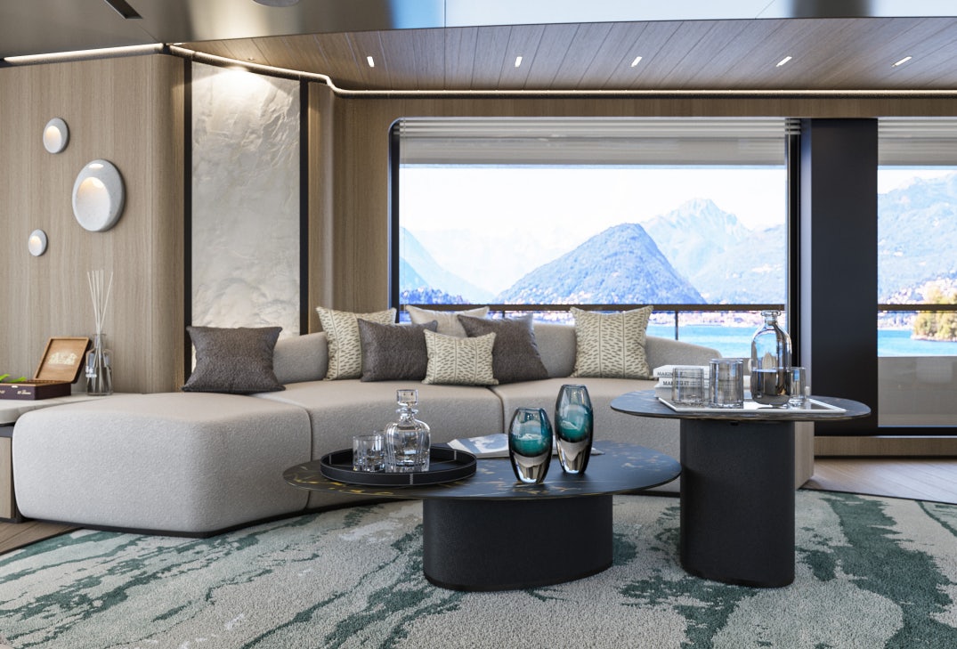a living room with a large window aboard SIRENA 42M/01 Yacht for Sale