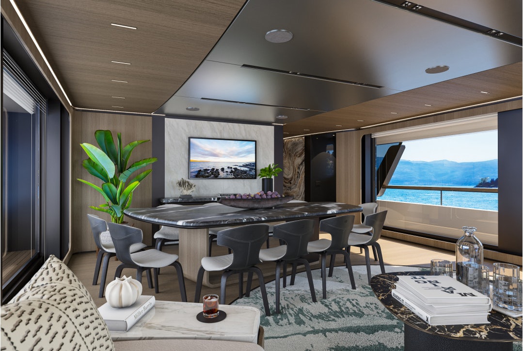 a room with a table and chairs aboard SIRENA 42M/01 Yacht for Sale