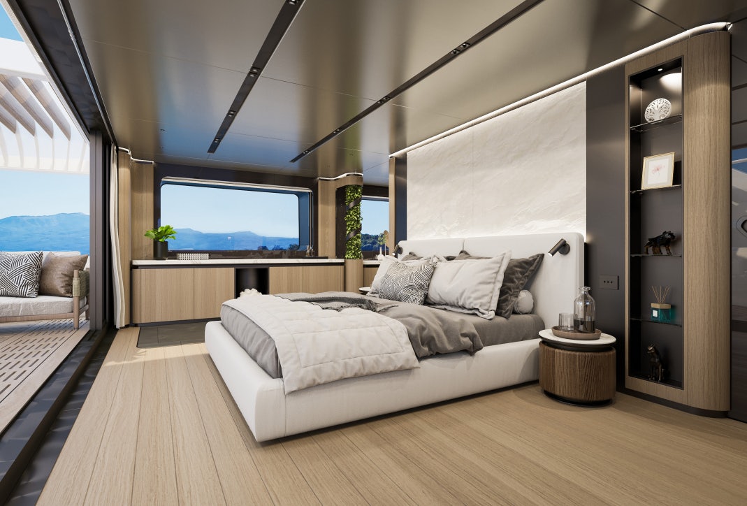 a living room with a large window aboard SIRENA 42M/01 Yacht for Sale