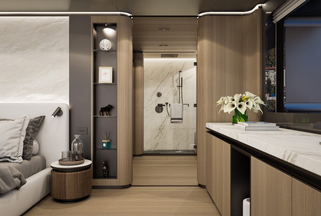 a room with a desk and a bed aboard SIRENA 42M/01 Yacht for Sale