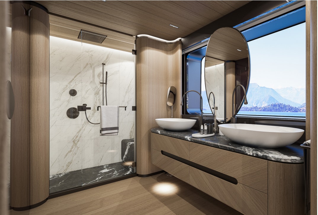 a bathroom with a large mirror aboard SIRENA 42M/01 Yacht for Sale