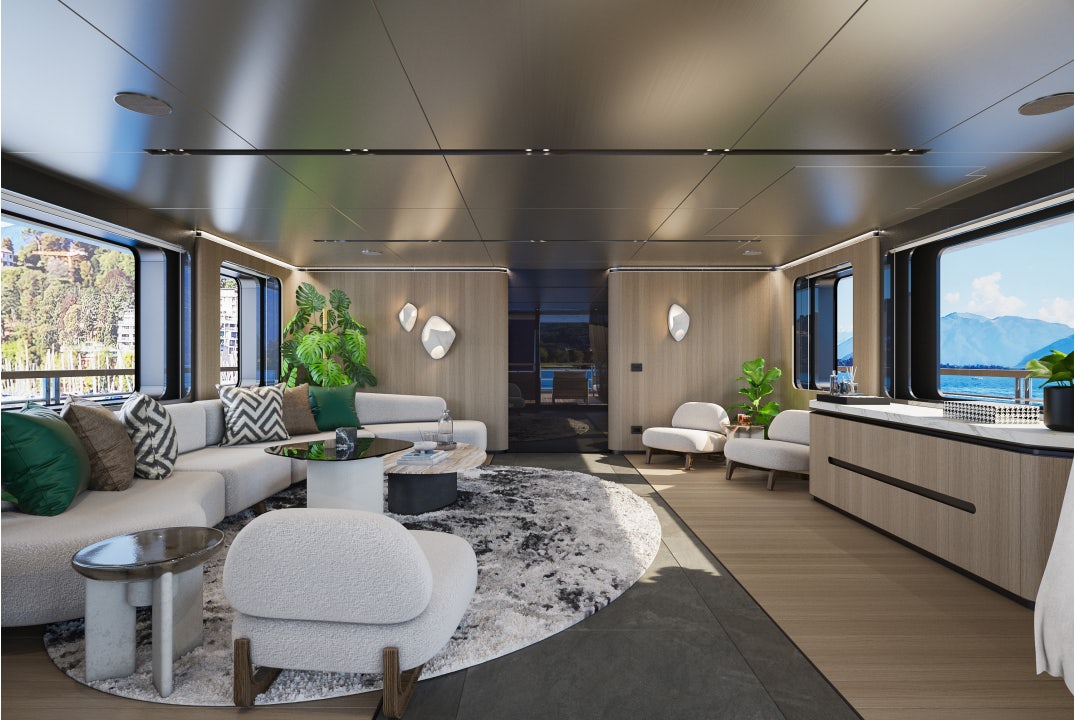 a living room with a large screen aboard SIRENA 42M/01 Yacht for Sale