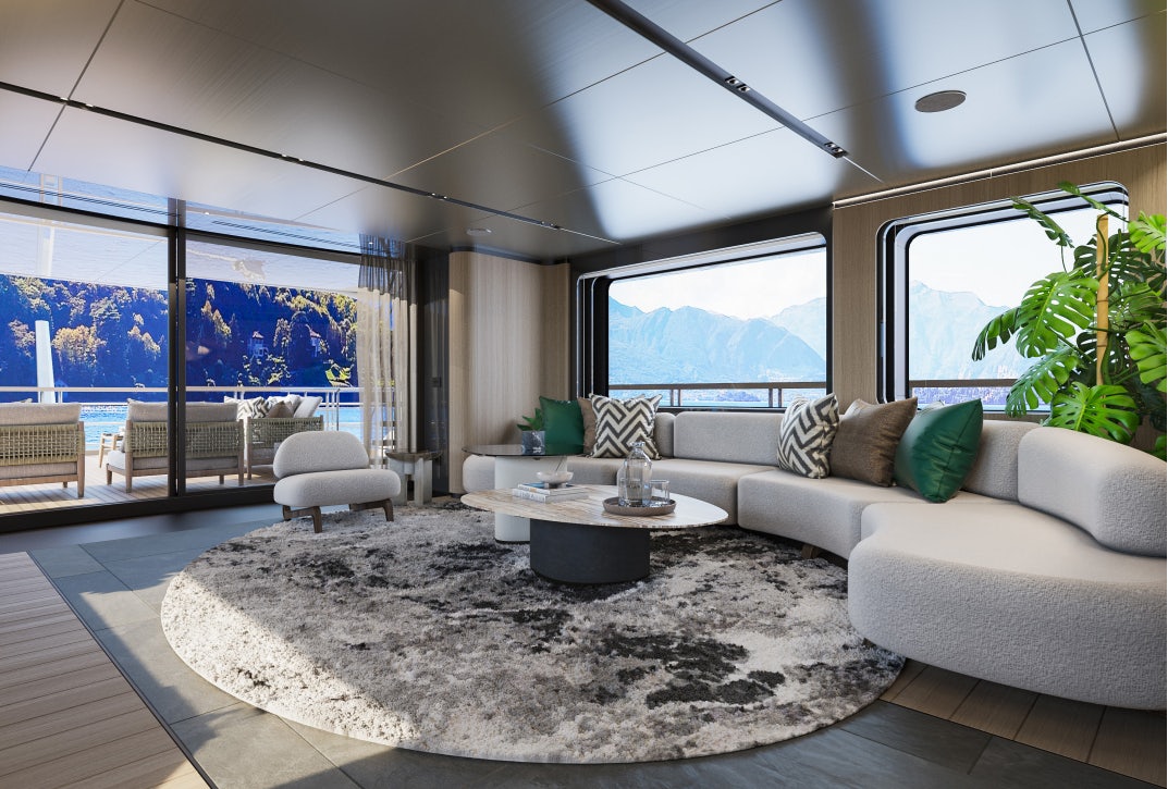 a living room with a large window aboard SIRENA 42M/01 Yacht for Sale