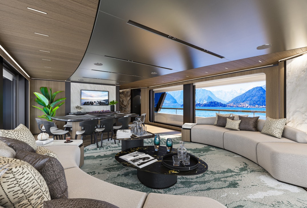 a living room with a large window aboard SIRENA 42M/01 Yacht for Sale