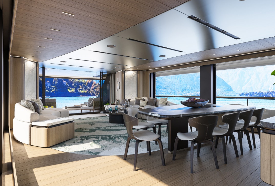 a room with a table and chairs aboard SIRENA 42M/01 Yacht for Sale