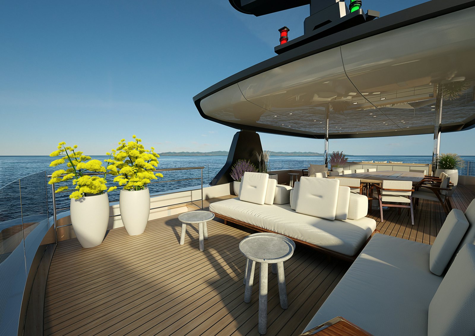 a large patio with tables and chairs aboard SIRENA 42M/01 Yacht for Sale