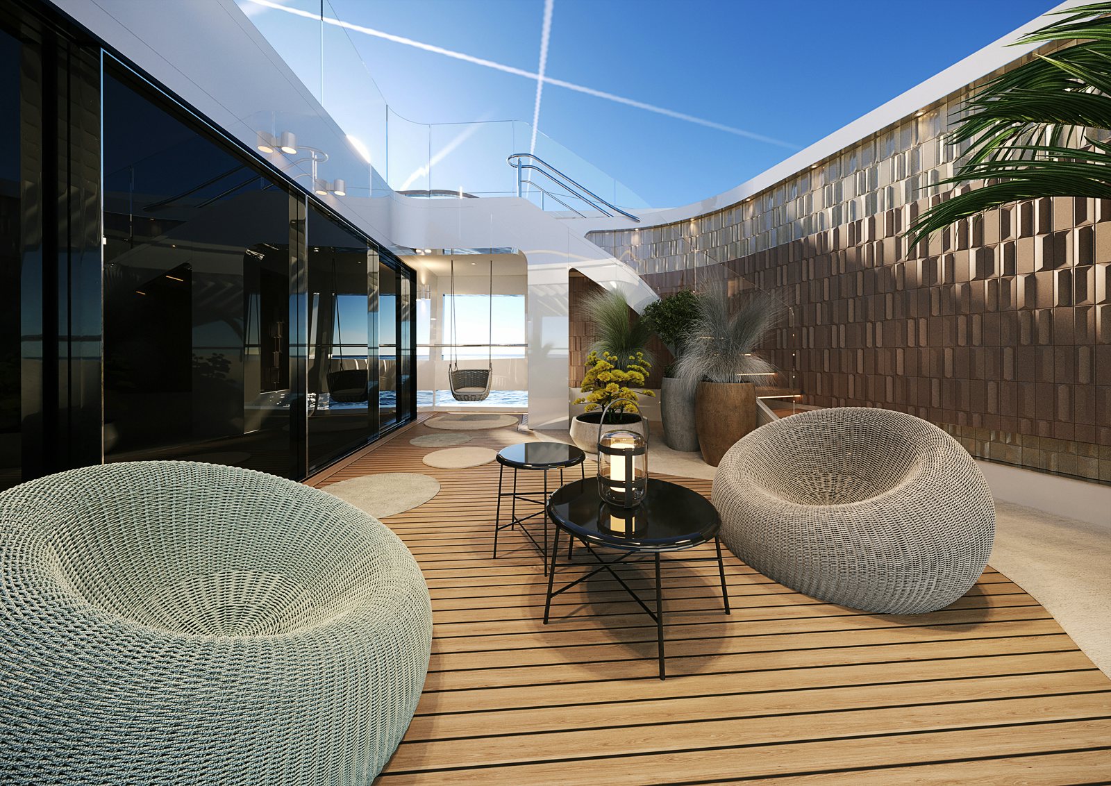 a room with a wood floor and a large window with plants and a table and chairs aboard SIRENA 42M/01 Yacht for Sale