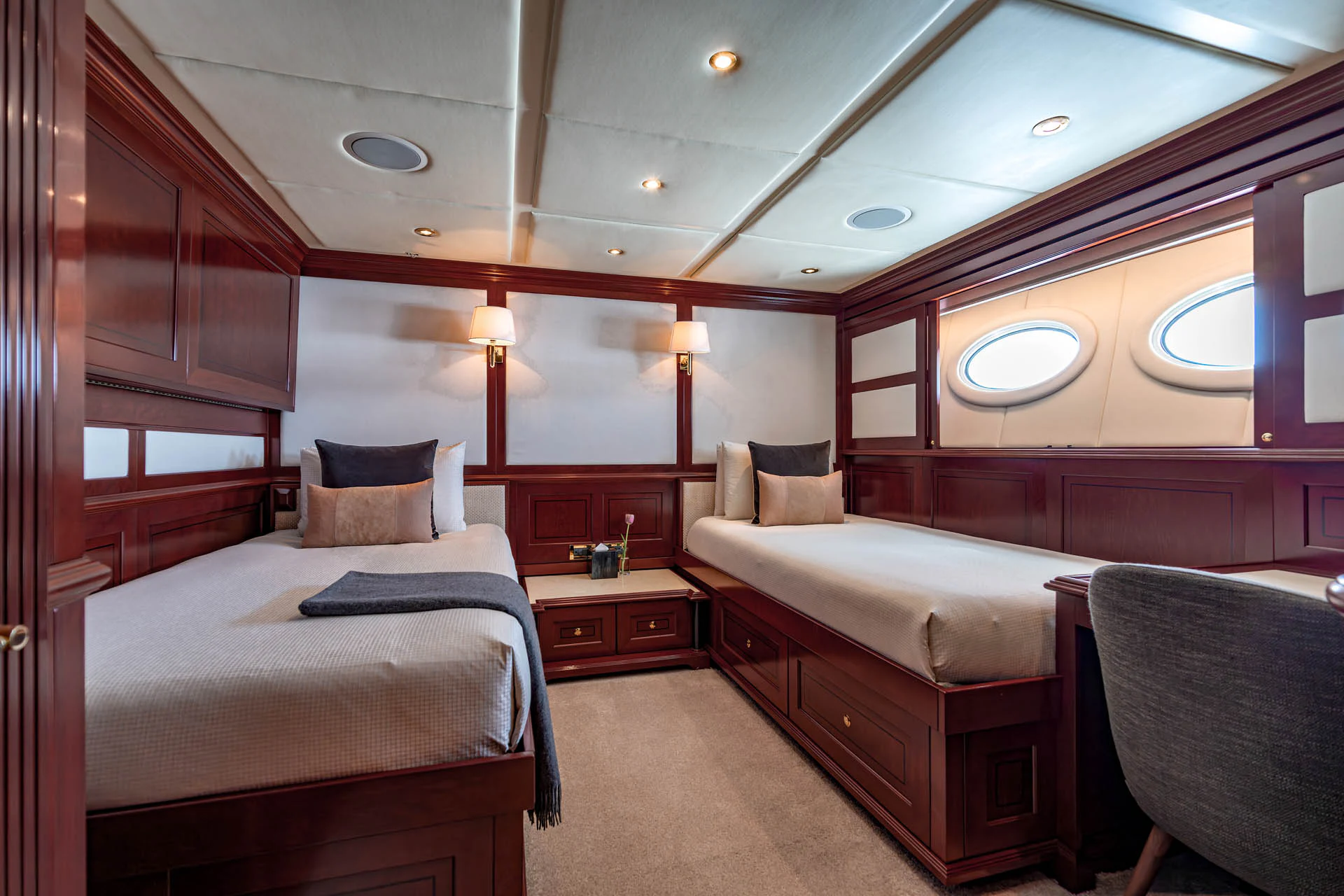 a room with two beds aboard SWEET CAROLINE II Yacht for Sale