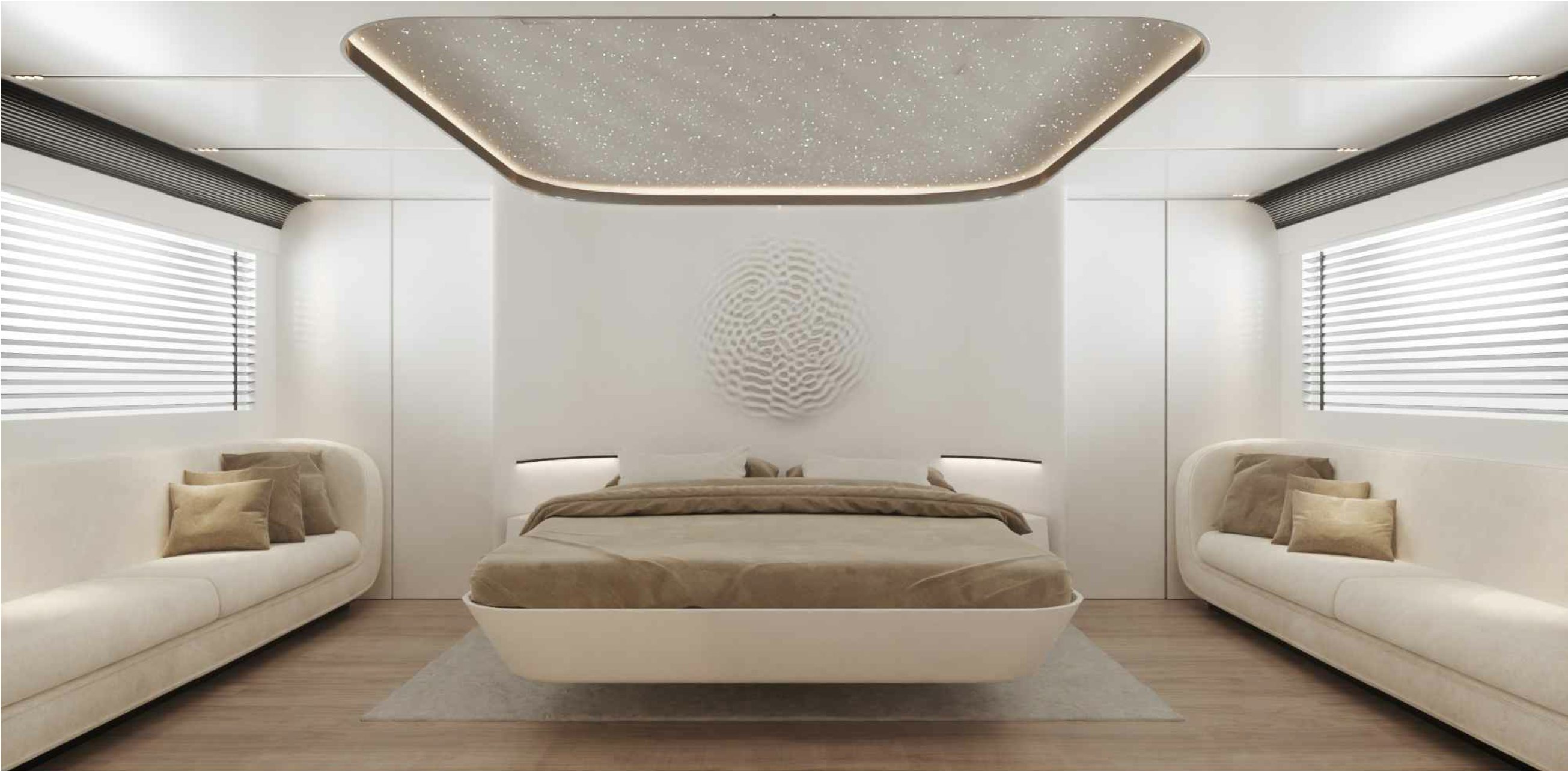 a living room with a large round mirror aboard 80 VELOCE Yacht for Sale