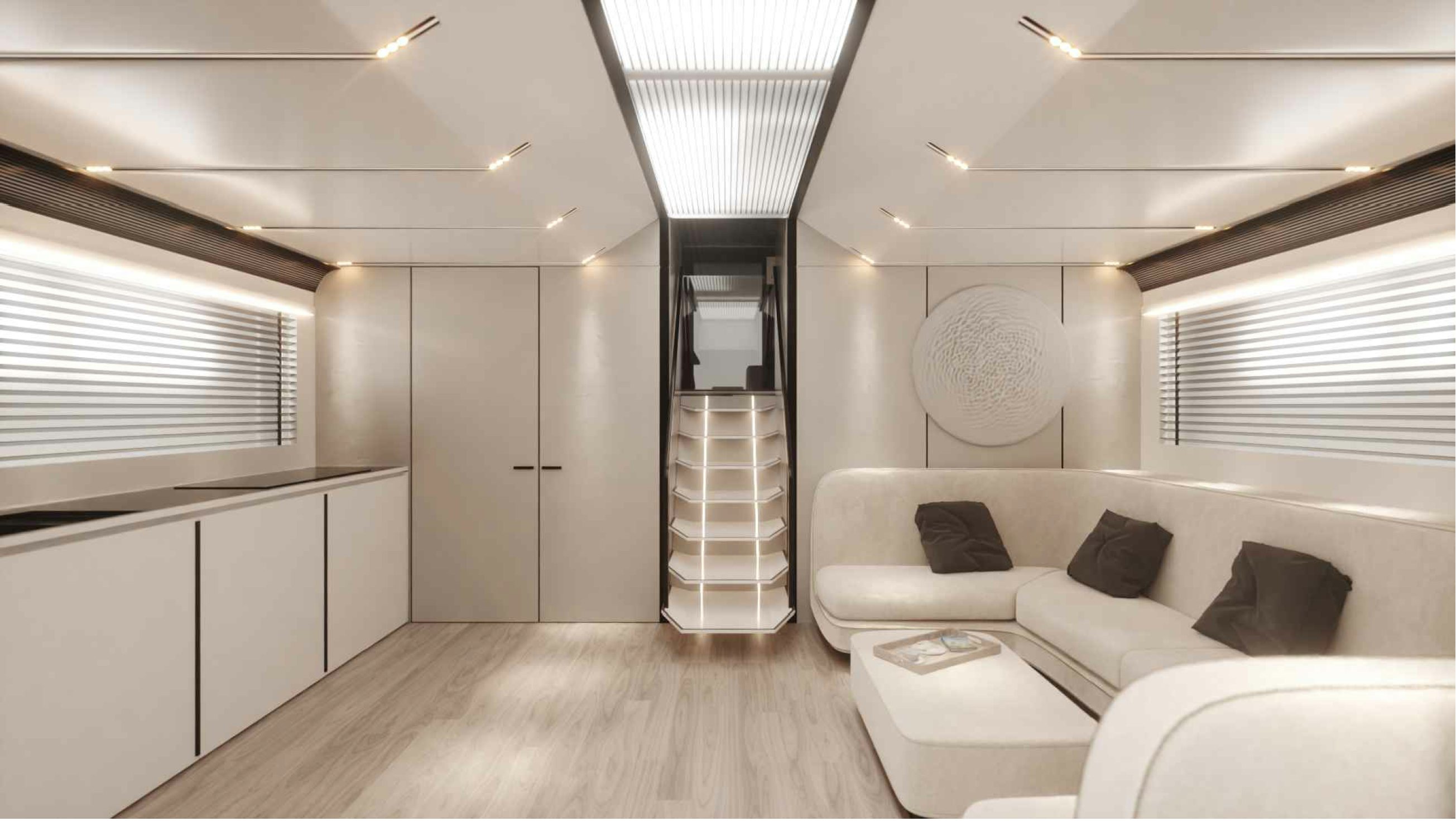 a living room with a couch and a shelf aboard 80 VELOCE Yacht for Sale