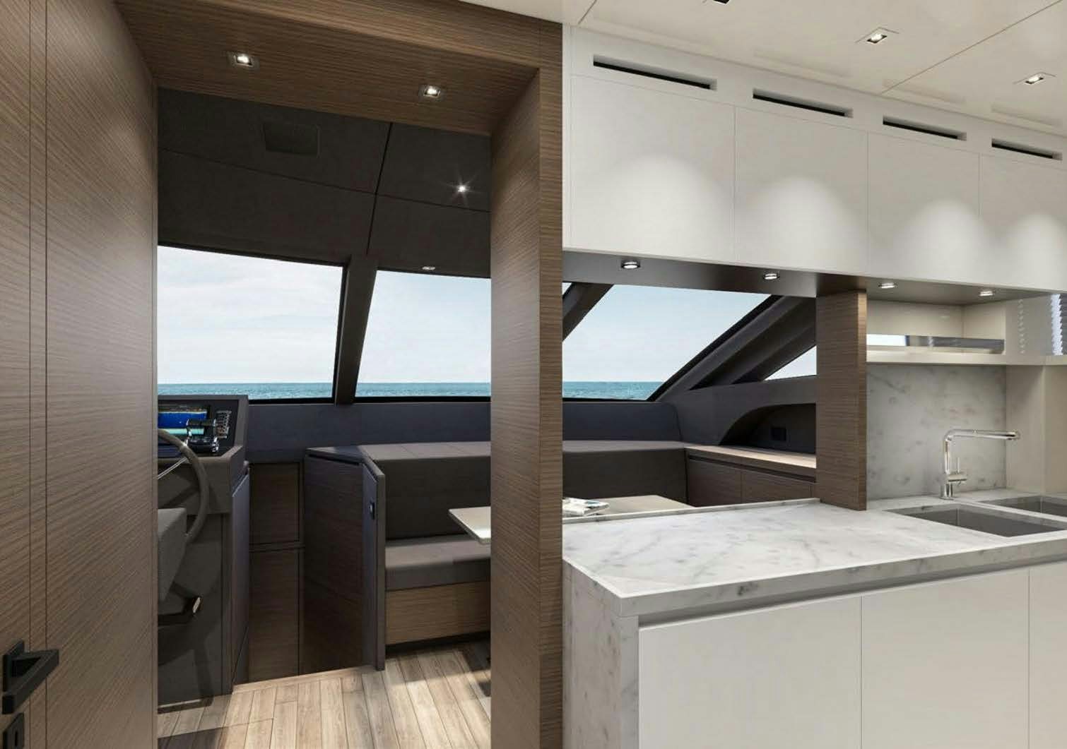 a kitchen with white cabinets aboard AKASTI Yacht for Charter