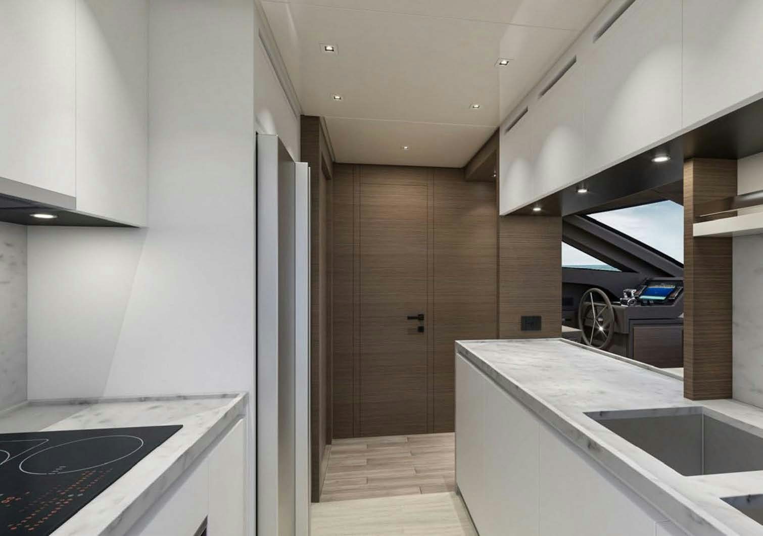 a kitchen with white cabinets aboard AKASTI Yacht for Charter