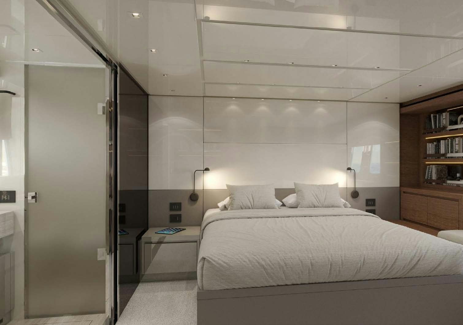 a bedroom with a bed and a closet aboard AKASTI Yacht for Charter