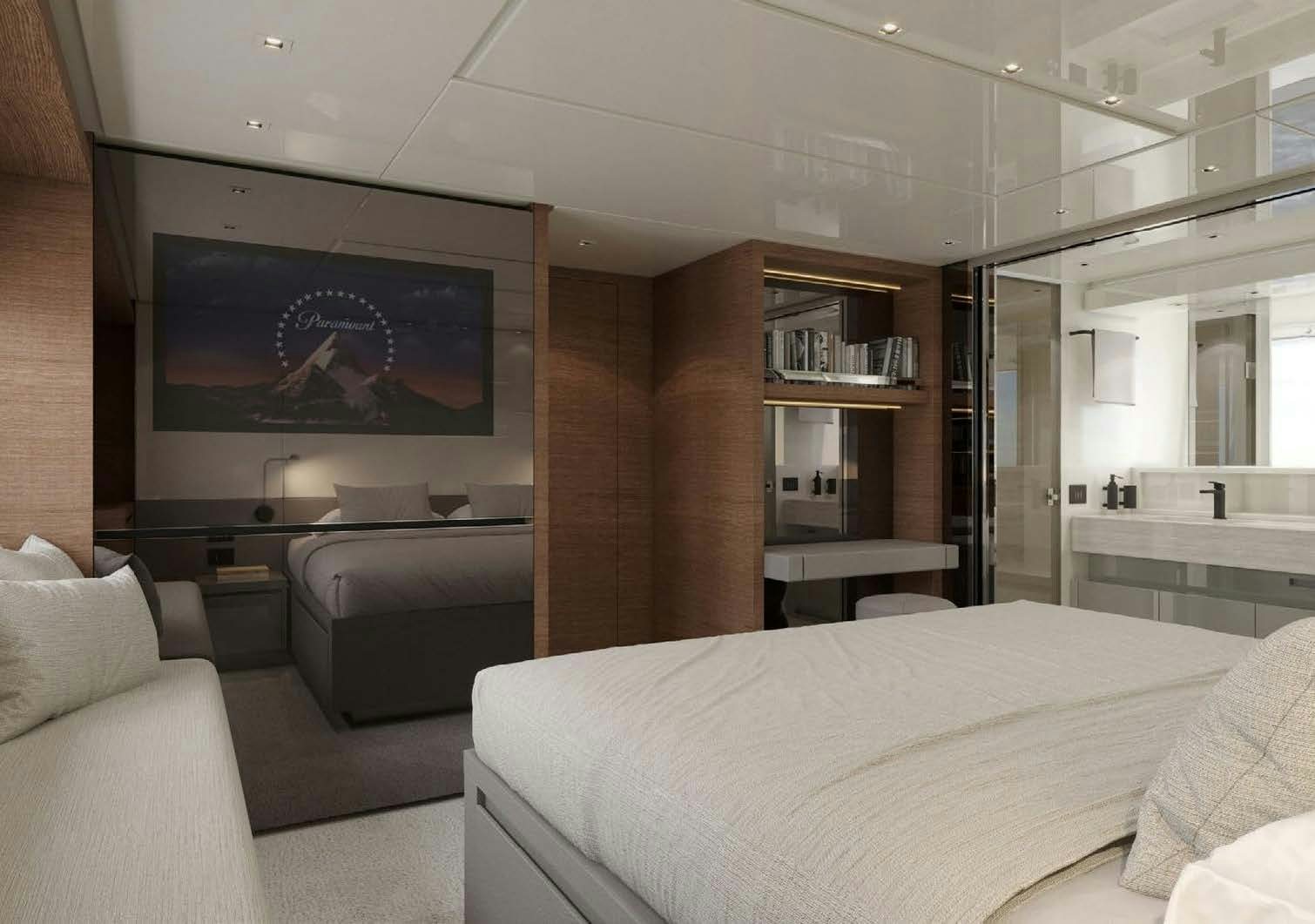 a bedroom with a bed and a tv aboard AKASTI Yacht for Charter