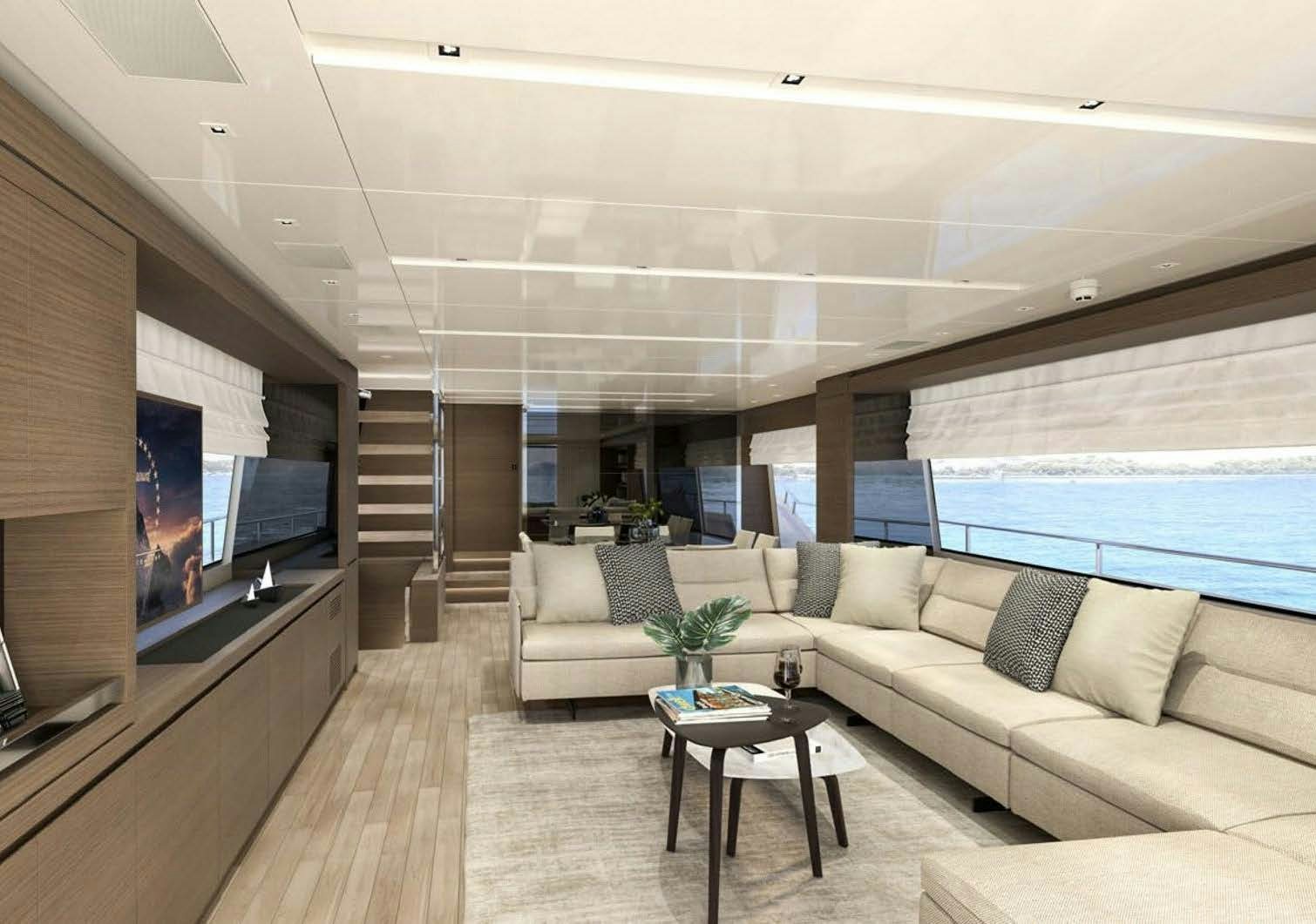 a living room with a large window aboard AKASTI Yacht for Charter