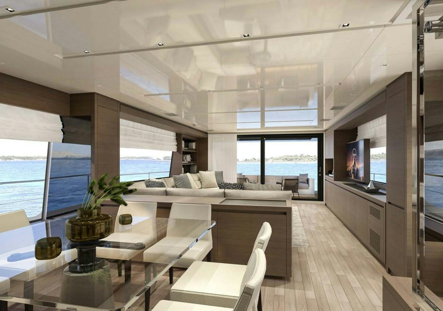 a living room with a large window aboard AKASTI Yacht for Charter