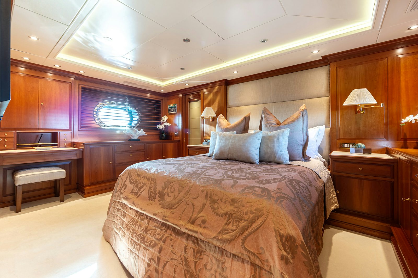 a bed in a room aboard NORFOLK STAR Yacht for Sale