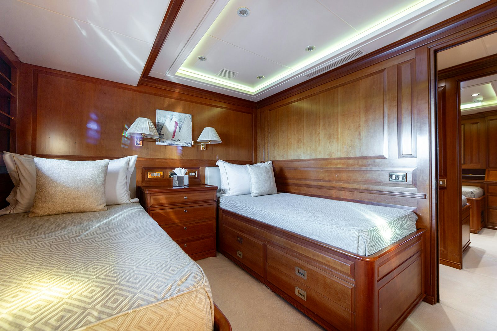 a room with two beds aboard NORFOLK STAR Yacht for Sale