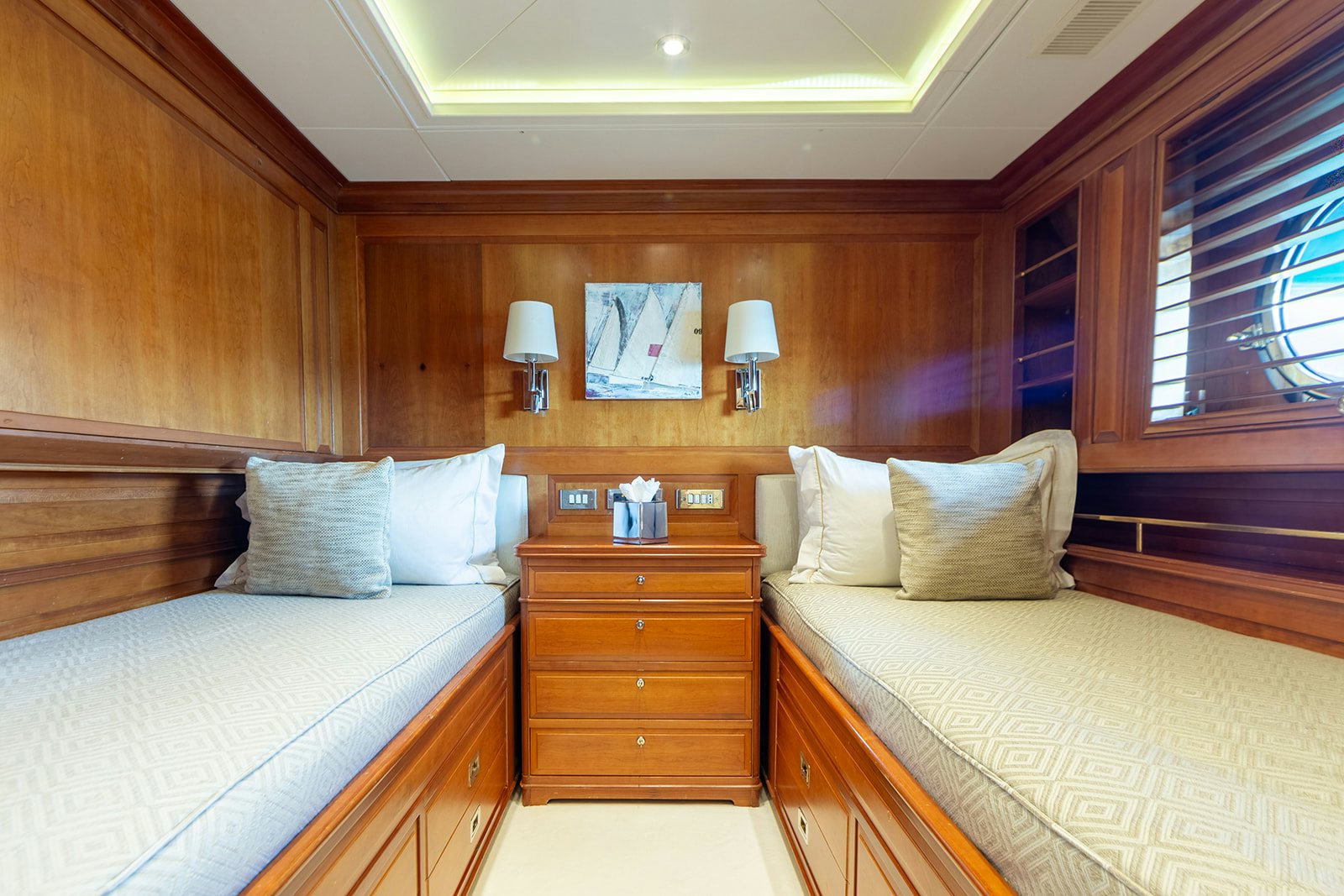 a room with two beds aboard NORFOLK STAR Yacht for Sale