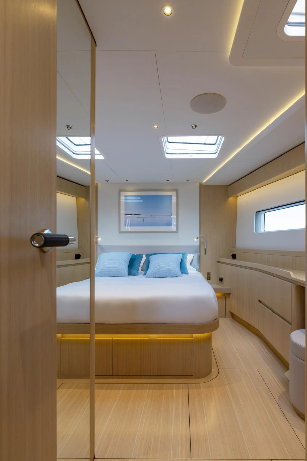 a bed in a room aboard WINDROCKER Yacht for Sale