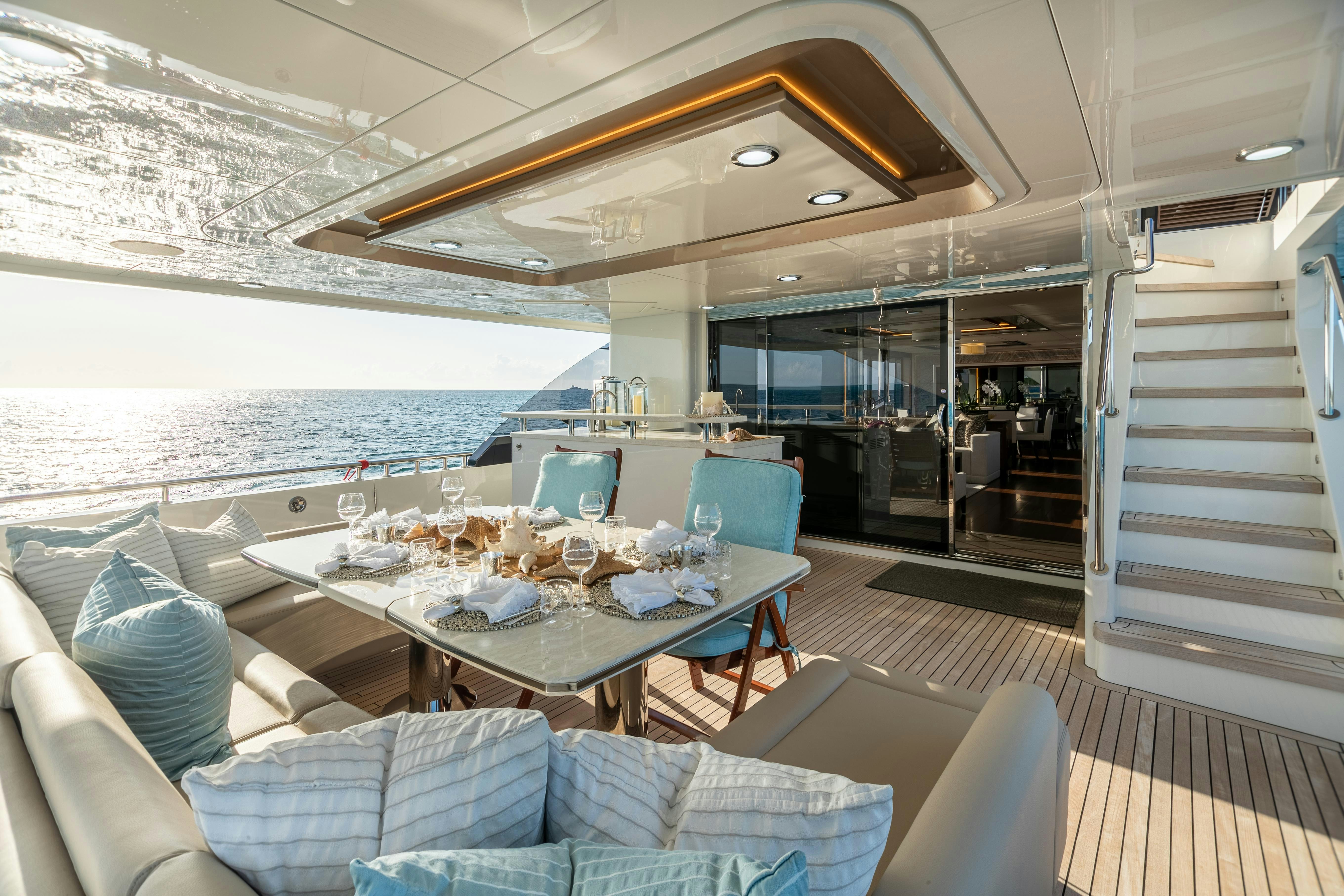 a large room with a table and chairs aboard I C Yacht for Charter