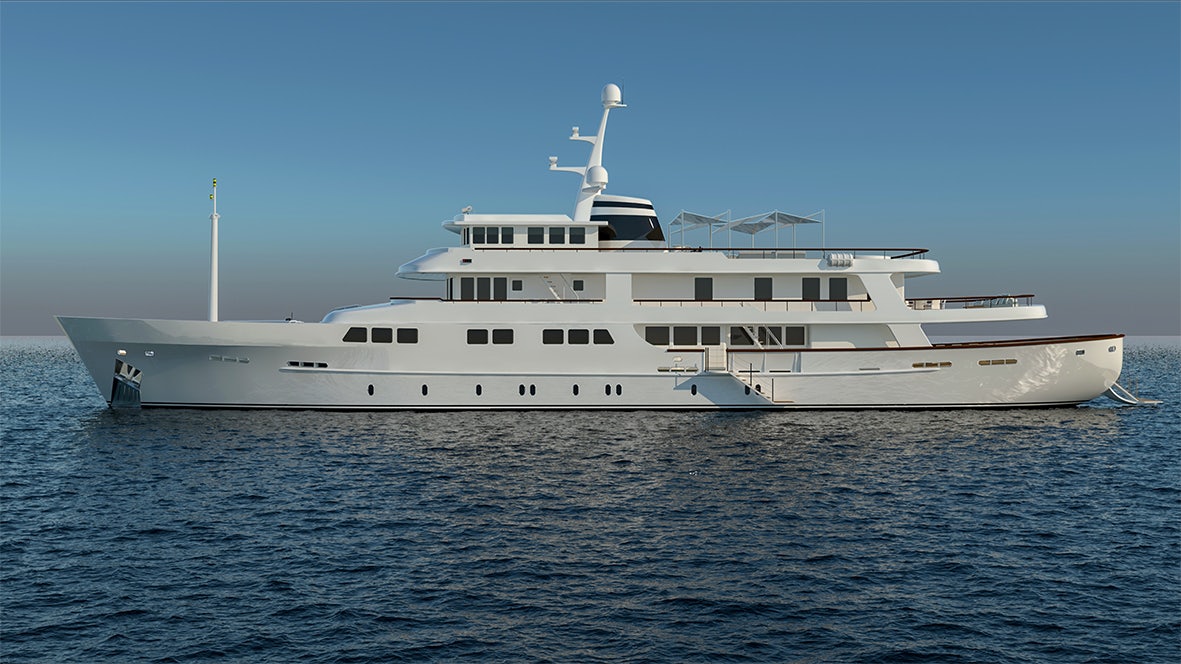 a large white boat in the water aboard 54M SUPERYACHT HULL Yacht for Sale
