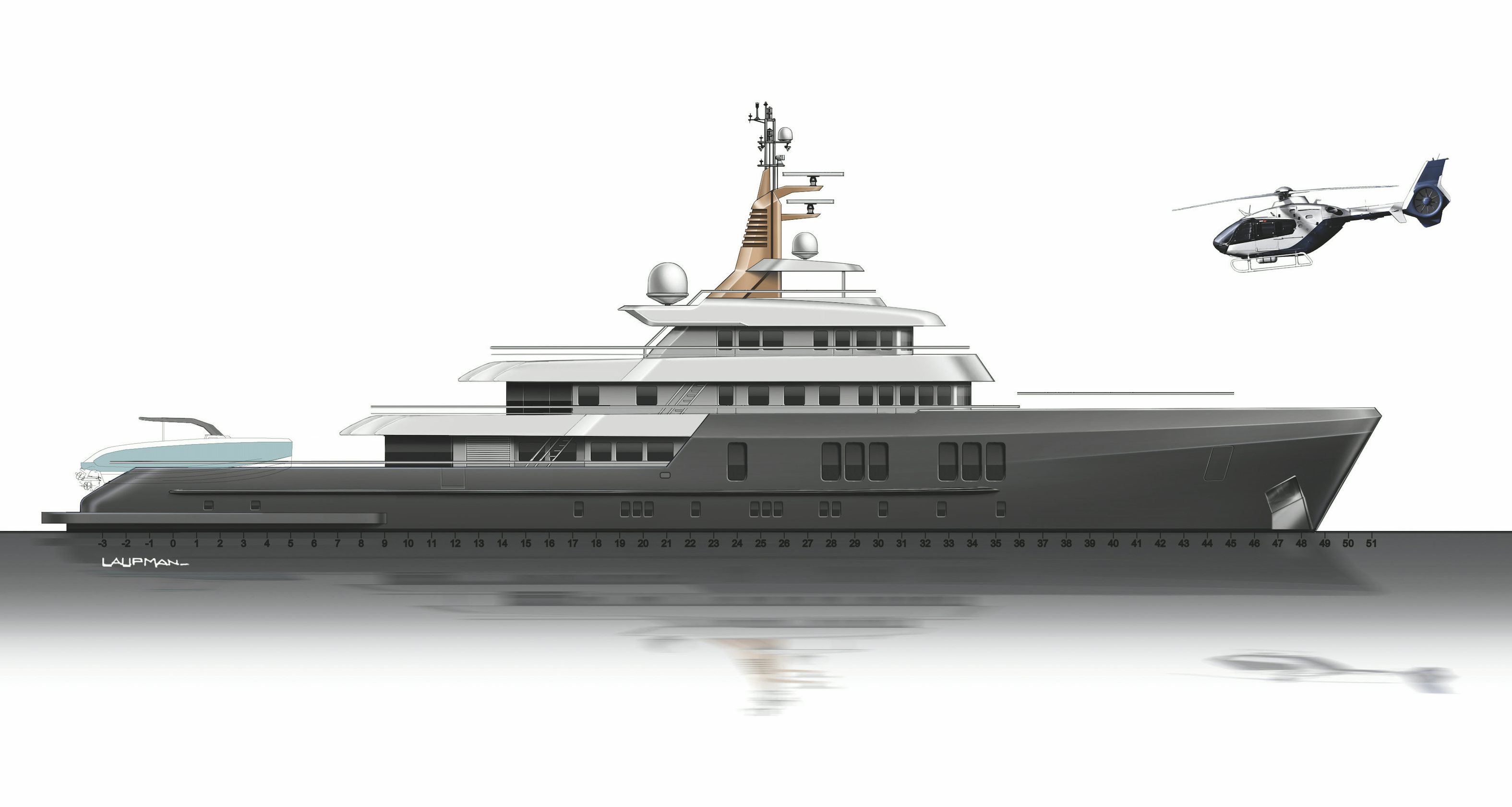 a helicopter flying over a large ship aboard 54M SUPERYACHT HULL Yacht for Sale