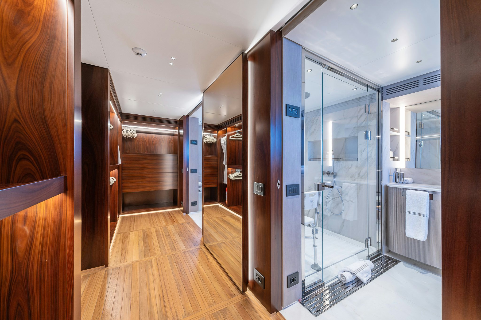 a room with a large glass door aboard ALPHA WAVES Yacht for Charter