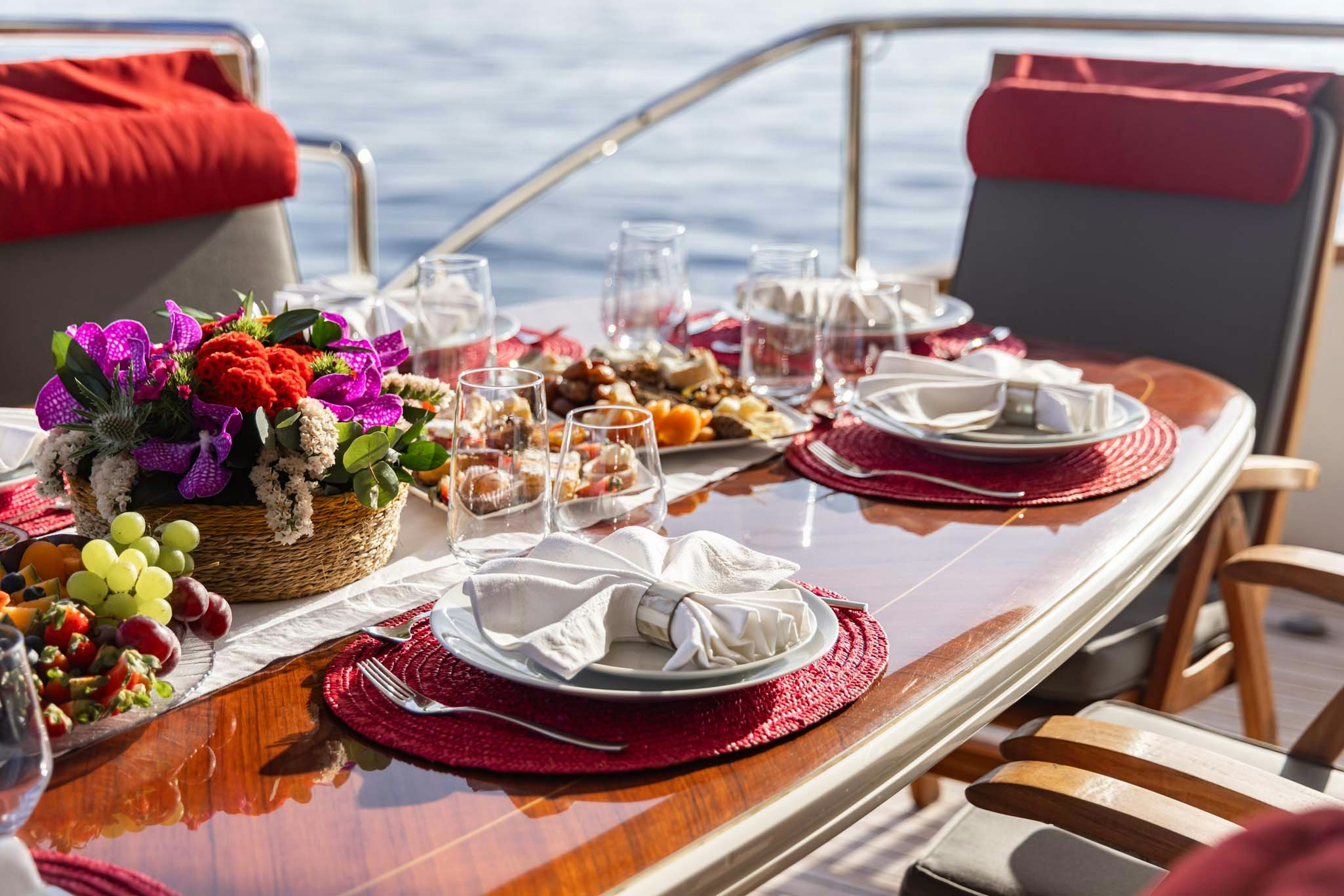 a table with food and drinks aboard VIKING III Yacht for Charter