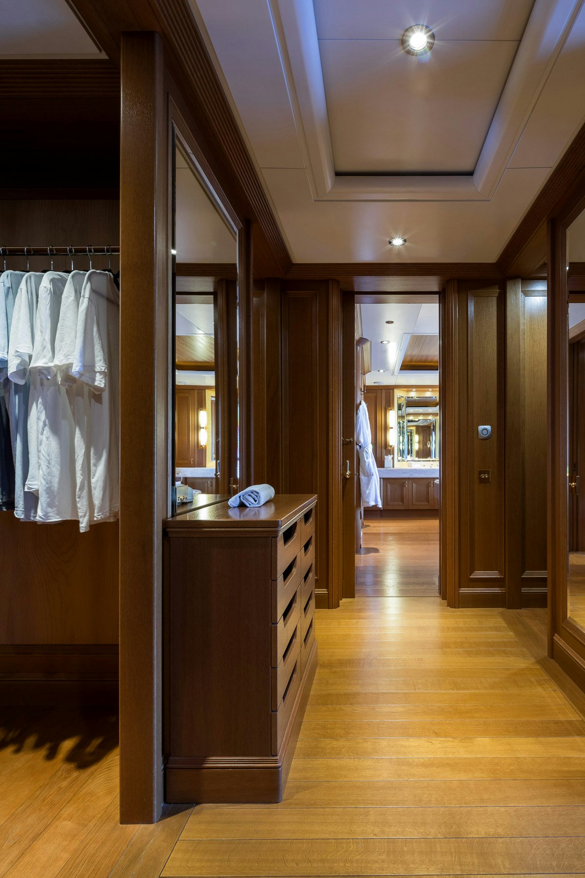 a bathroom with a wood floor aboard BOADICEA Yacht for Charter