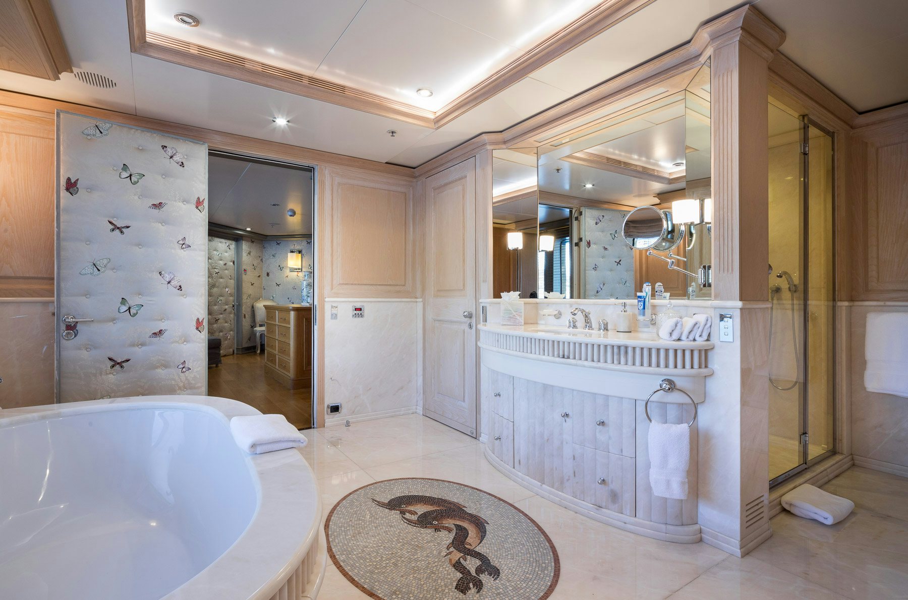 a bathroom with a large tub aboard BOADICEA Yacht for Charter