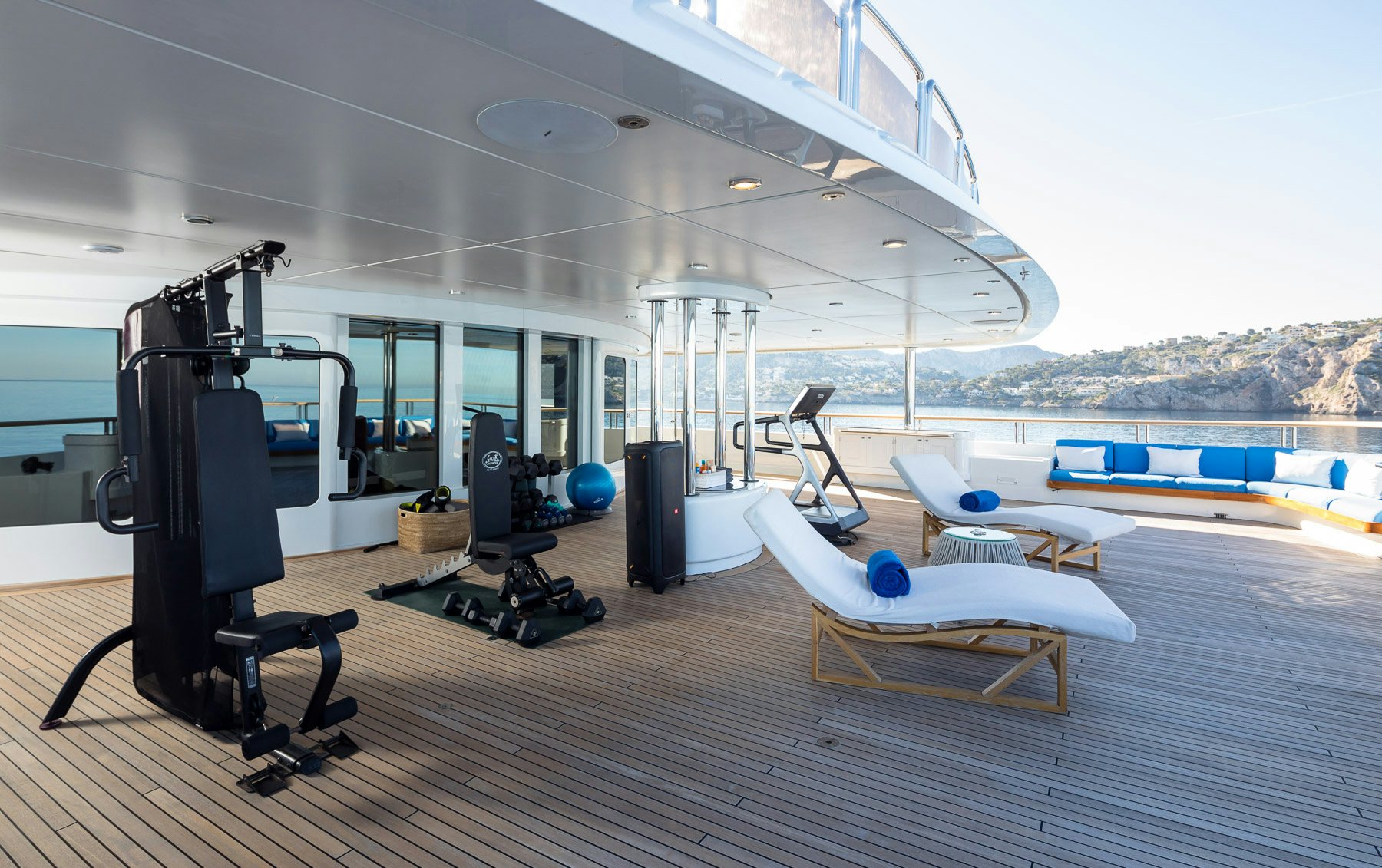 a gym with a pool aboard BOADICEA Yacht for Charter