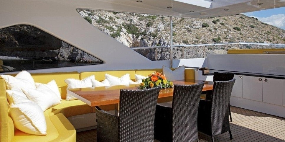 a table and chairs in a room aboard INDIANA Yacht for Charter